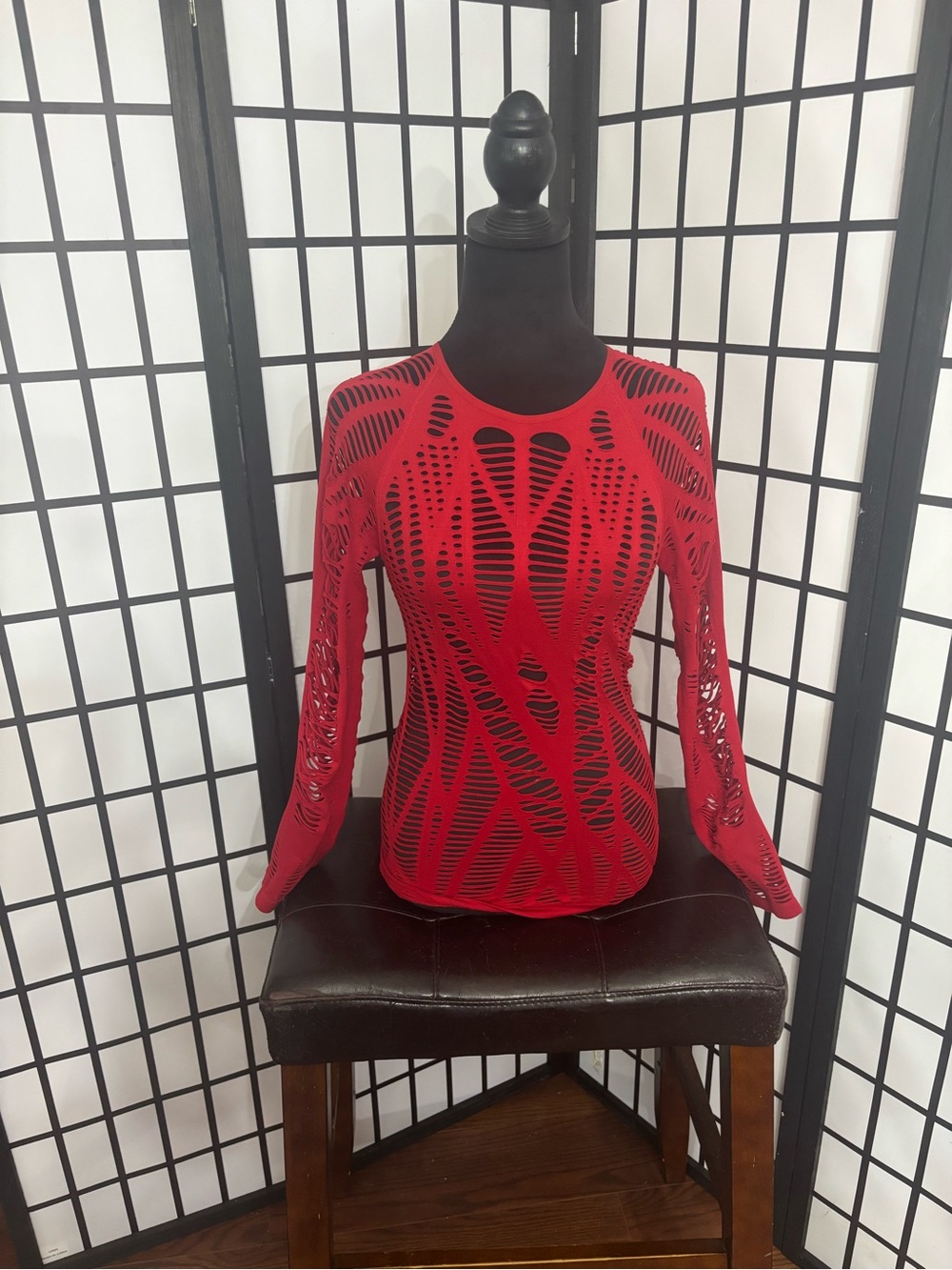 VENUS Red Long Sleeve Cutout Knit Top